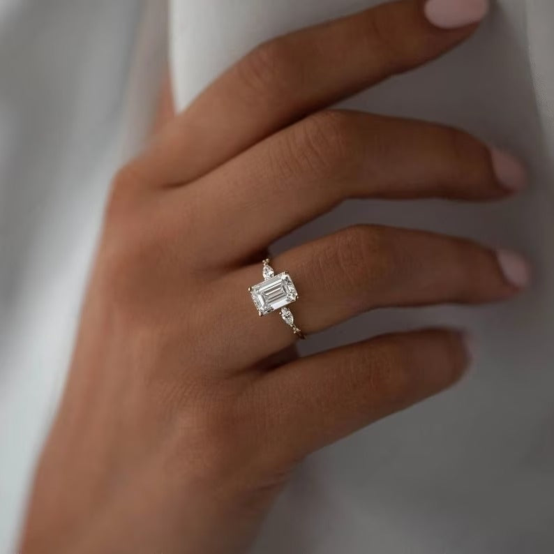 Emerald Moissanite Three Stone Ring