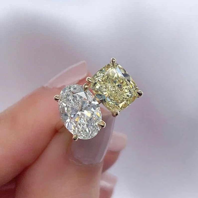 Oval And Cushion Diamond Two stone Ring