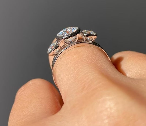 Round Three Stone Moissanite Diamond Ring