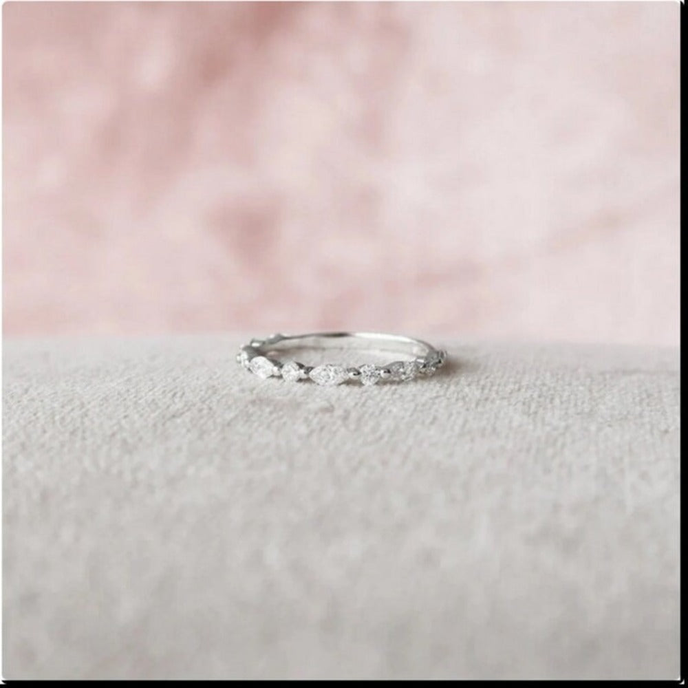 Marquise And Round Moissanite Diamond Ring, Bridal Set Matching Band, 3/4 Alternating Band, Wedding Band Gift For Her