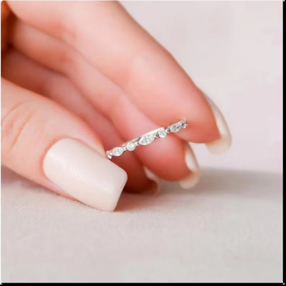 Marquise And Round Moissanite Diamond Ring, Bridal Set Matching Band, 3/4 Alternating Band, Wedding Band Gift For Her