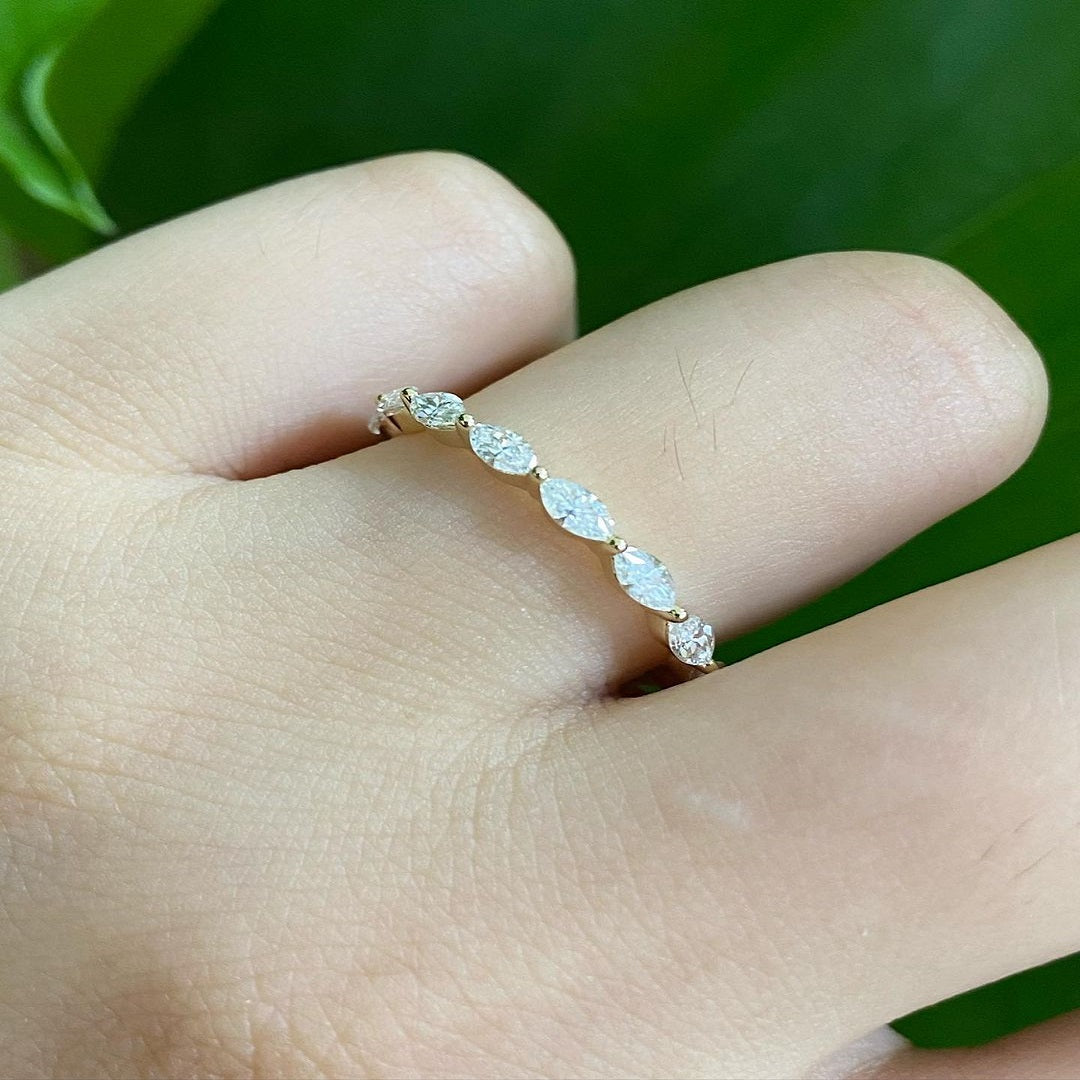 Marquise Moissanite Diamond Ring, Half Eternity Band, Dainty Every Day Ring, Unique Band