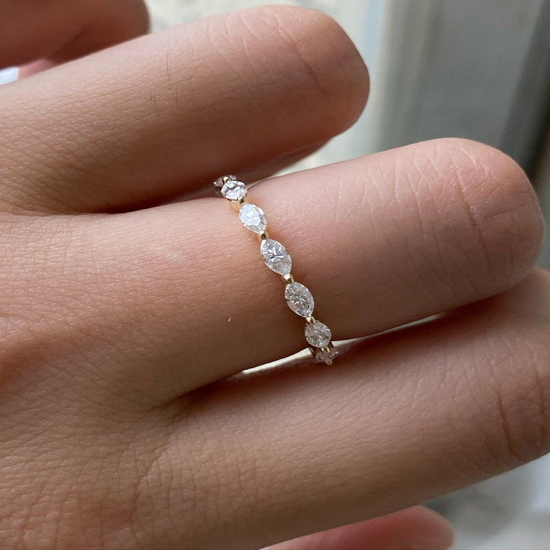 Marquise Moissanite Diamond Ring, Half Eternity Band, Dainty Every Day Ring, Unique Band