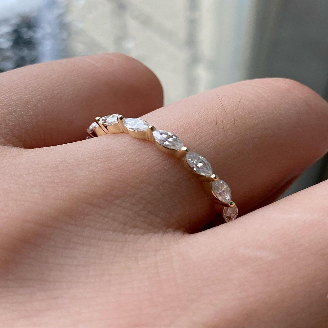 Marquise Moissanite Diamond Ring, Half Eternity Band, Dainty Every Day Ring, Unique Band