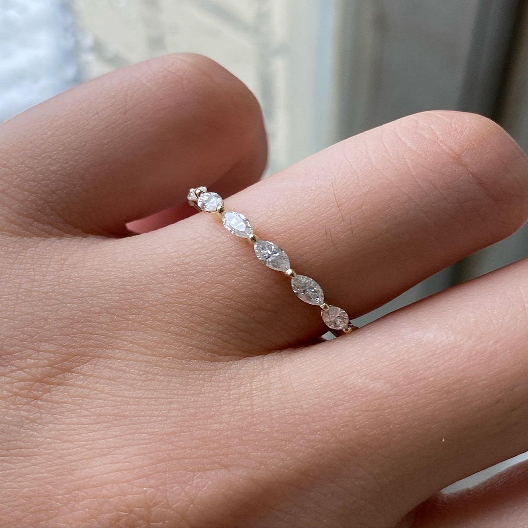 Marquise Moissanite Diamond Ring, Half Eternity Band, Dainty Every Day Ring, Unique Band