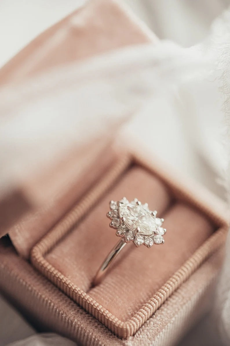 2 Ct Marquise Moissanite Diamond Ring, Round Said Diamond Halo Setting Ring, Solitaire Ring, Gift For Her