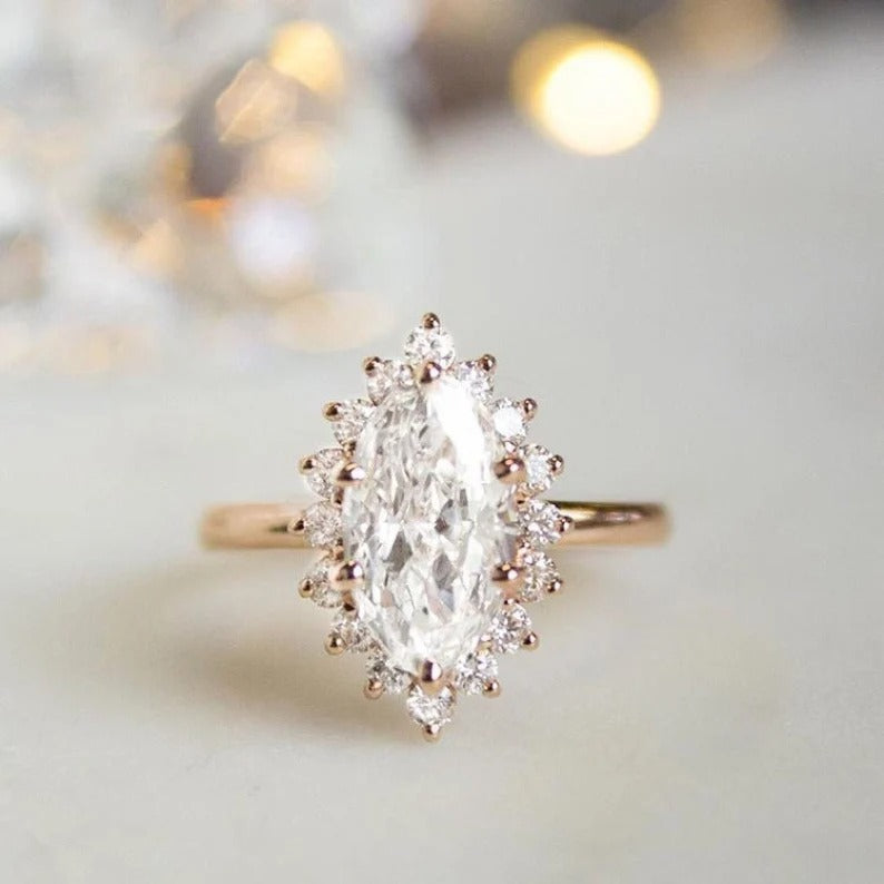 2 Ct Marquise Moissanite Diamond Ring, Round Said Diamond Halo Setting Ring, Solitaire Ring, Gift For Her