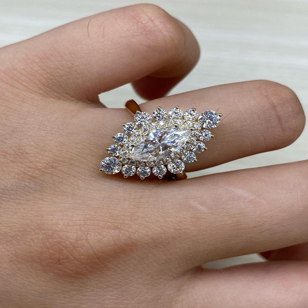 1.50 Ct Marquise Moissanite Ring, Unique Double Halo Setting Diamond Ring, Promise Ring, Anniversary Ring, Wedding Ring, Engagement Gift For Her