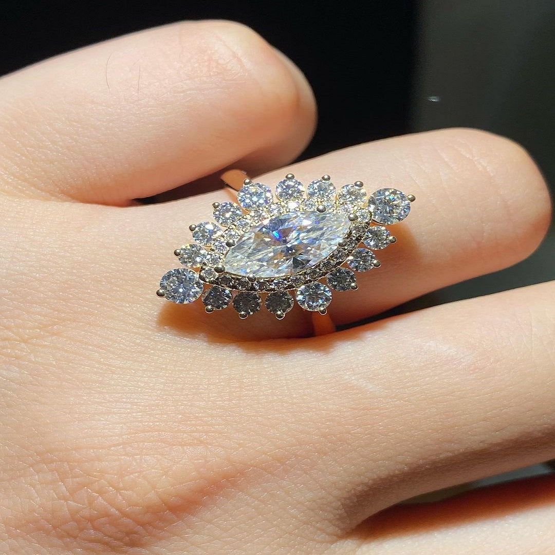 1.50 Ct Marquise Moissanite Ring, Unique Double Halo Setting Diamond Ring, Promise Ring, Anniversary Ring, Wedding Ring, Engagement Gift For Her