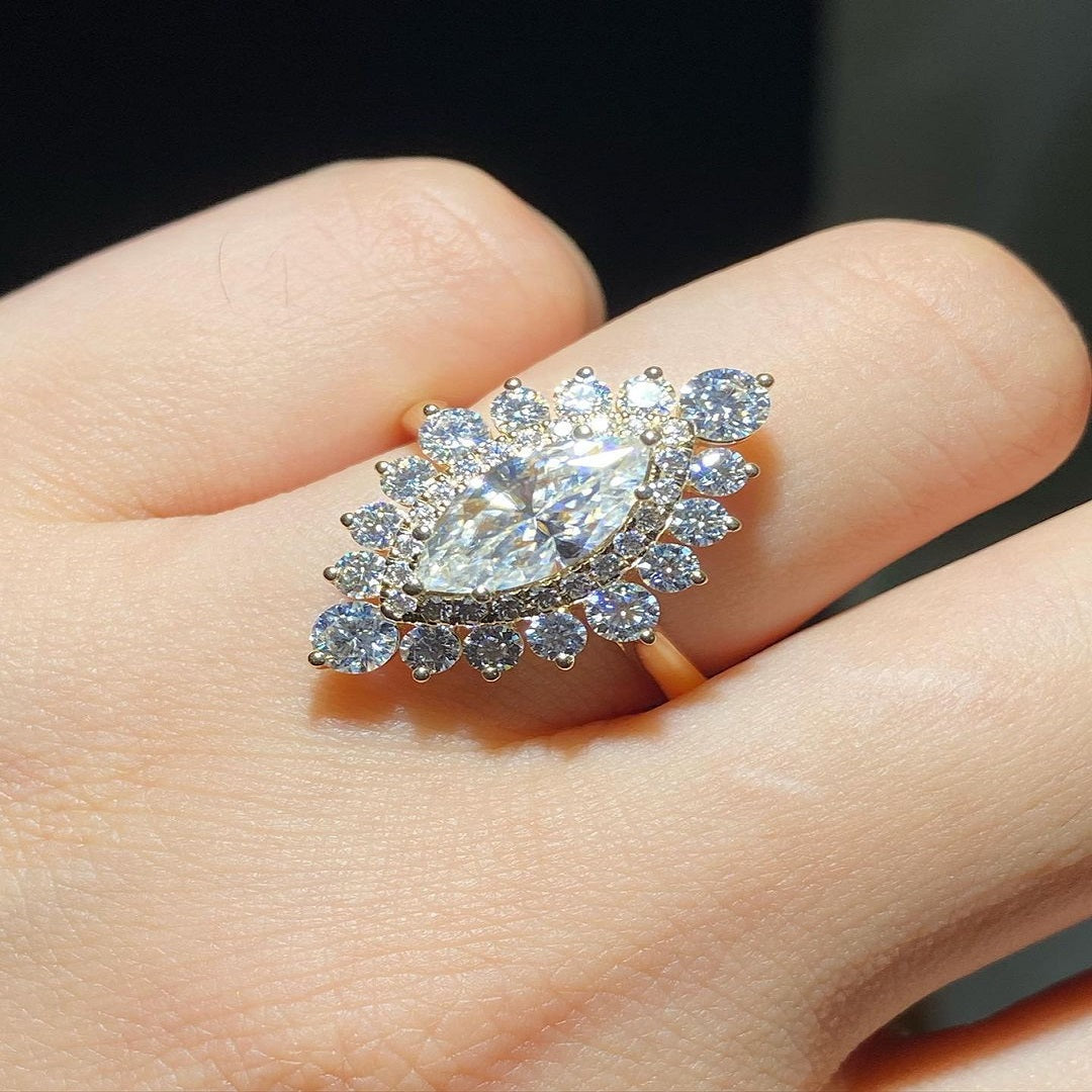 1.50 Ct Marquise Moissanite Ring, Unique Double Halo Setting Diamond Ring, Promise Ring, Anniversary Ring, Wedding Ring, Engagement Gift For Her