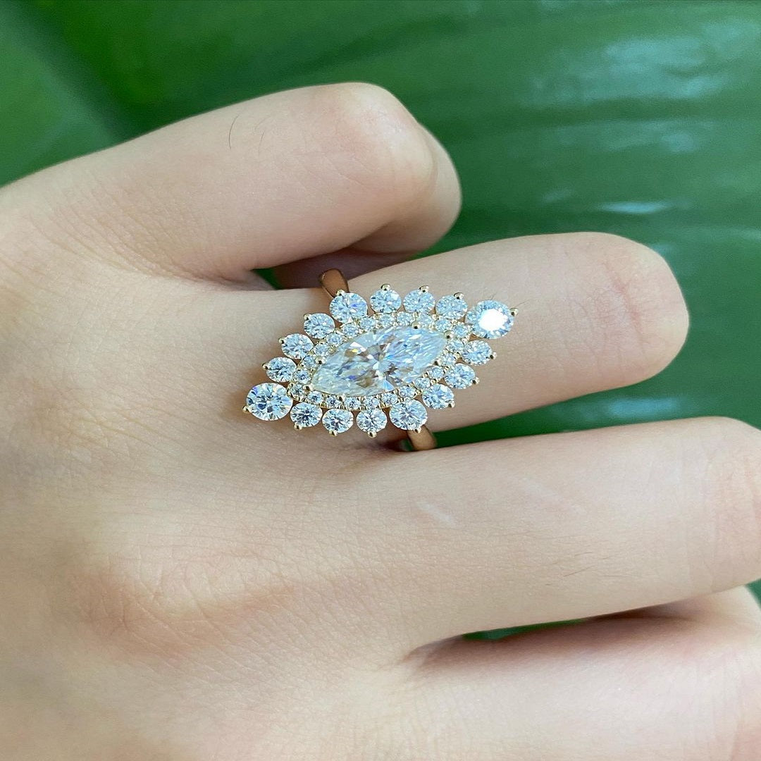 1.50 Ct Marquise Moissanite Ring, Unique Double Halo Setting Diamond Ring, Promise Ring, Anniversary Ring, Wedding Ring, Engagement Gift For Her