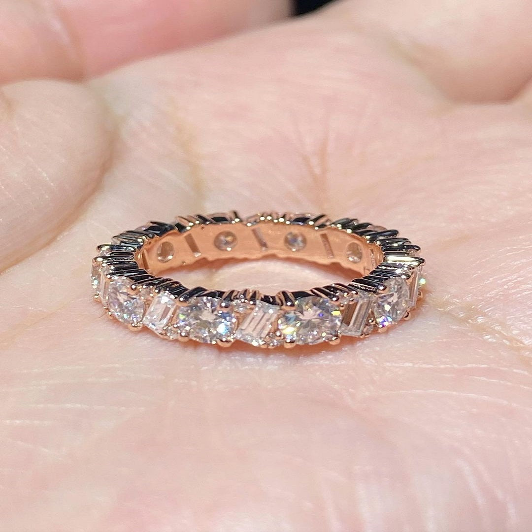 Round And Baguette Moissanite Ring, Full Eternity Band, Unique Matching Band, Diamond Band