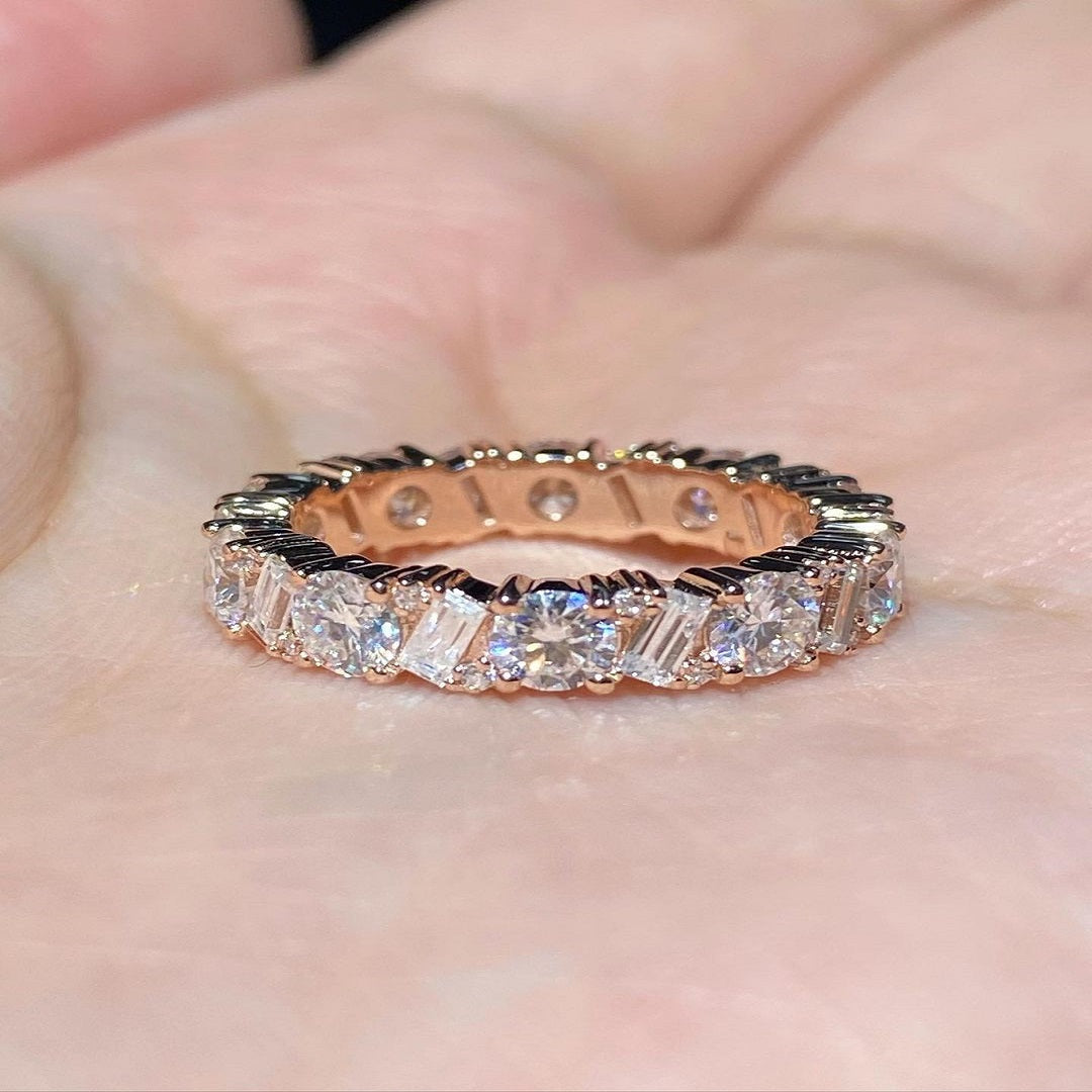 Round And Baguette Moissanite Ring, Full Eternity Band, Unique Matching Band, Diamond Band
