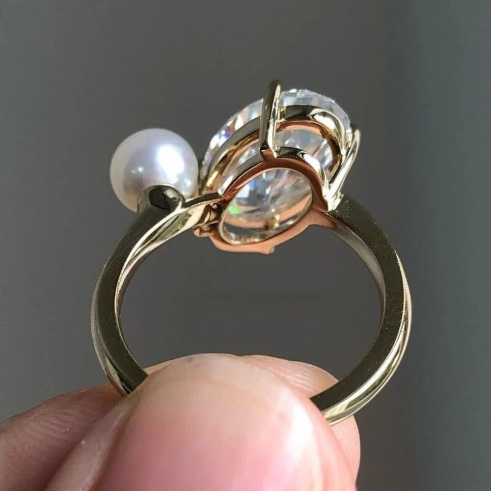 Oval Moissanite Diamond Ring, Pearl Stone Ring, Engagement Ring, Anniversary Gift, Celebrity Gift For Her