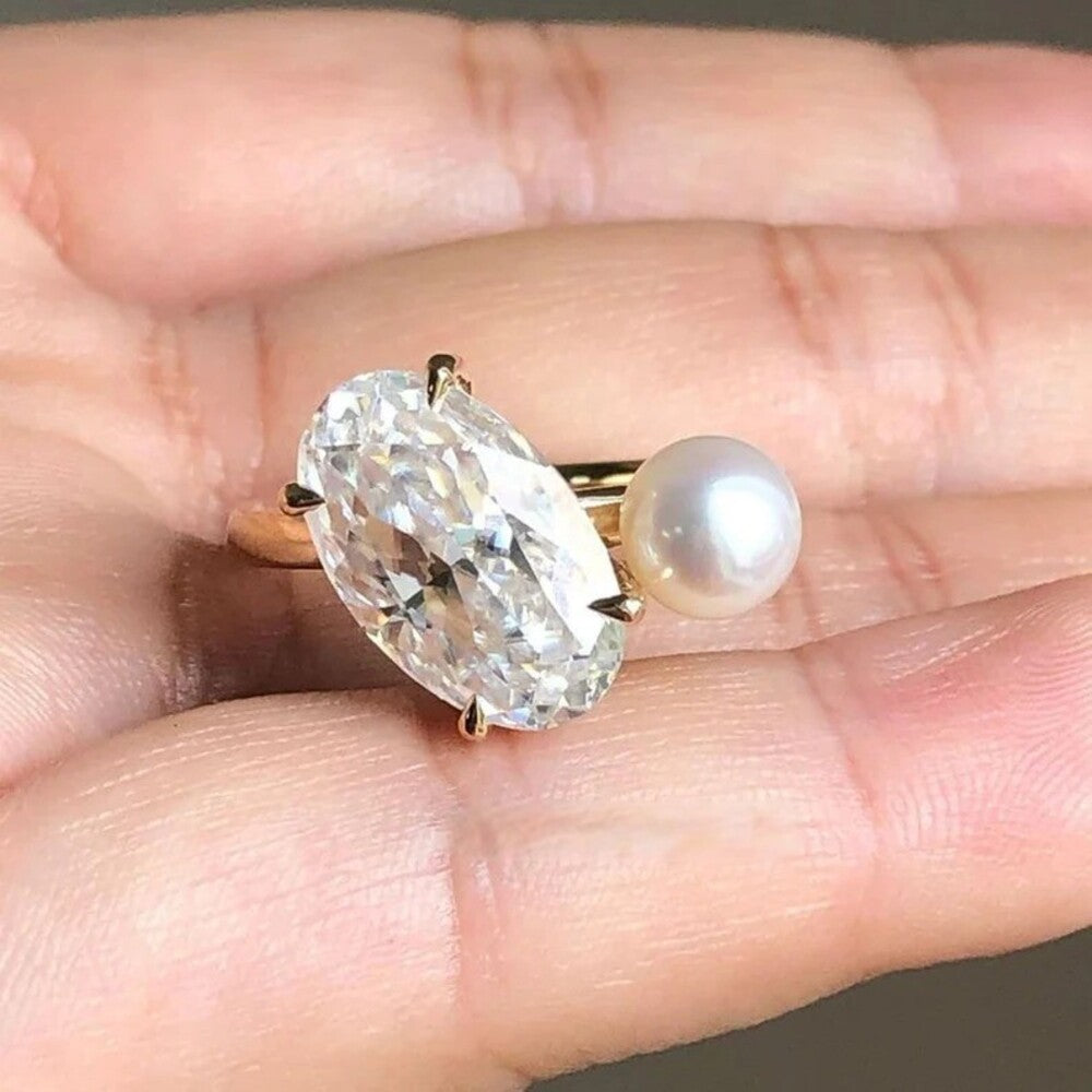 Oval Moissanite Diamond Ring, Pearl Stone Ring, Engagement Ring, Anniversary Gift, Celebrity Gift For Her