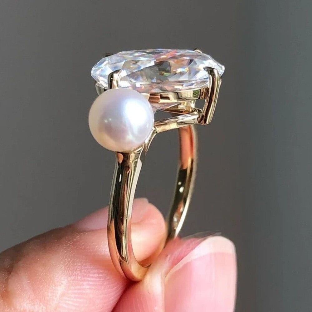 Oval Moissanite Diamond Ring, Pearl Stone Ring, Engagement Ring, Anniversary Gift, Celebrity Gift For Her
