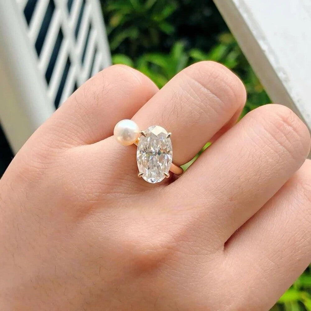 Oval Moissanite Diamond Ring, Pearl Stone Ring, Engagement Ring, Anniversary Gift, Celebrity Gift For Her