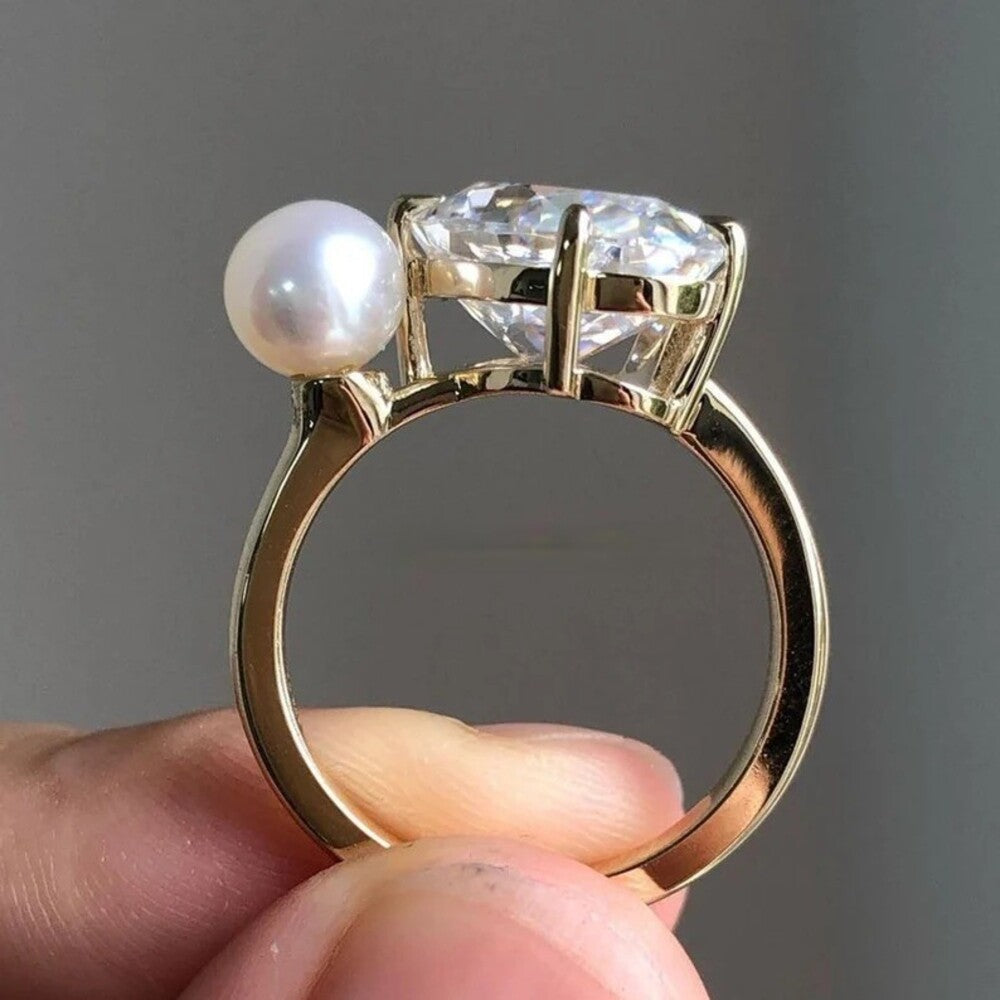 Oval Moissanite Diamond Ring, Pearl Stone Ring, Engagement Ring, Anniversary Gift, Celebrity Gift For Her