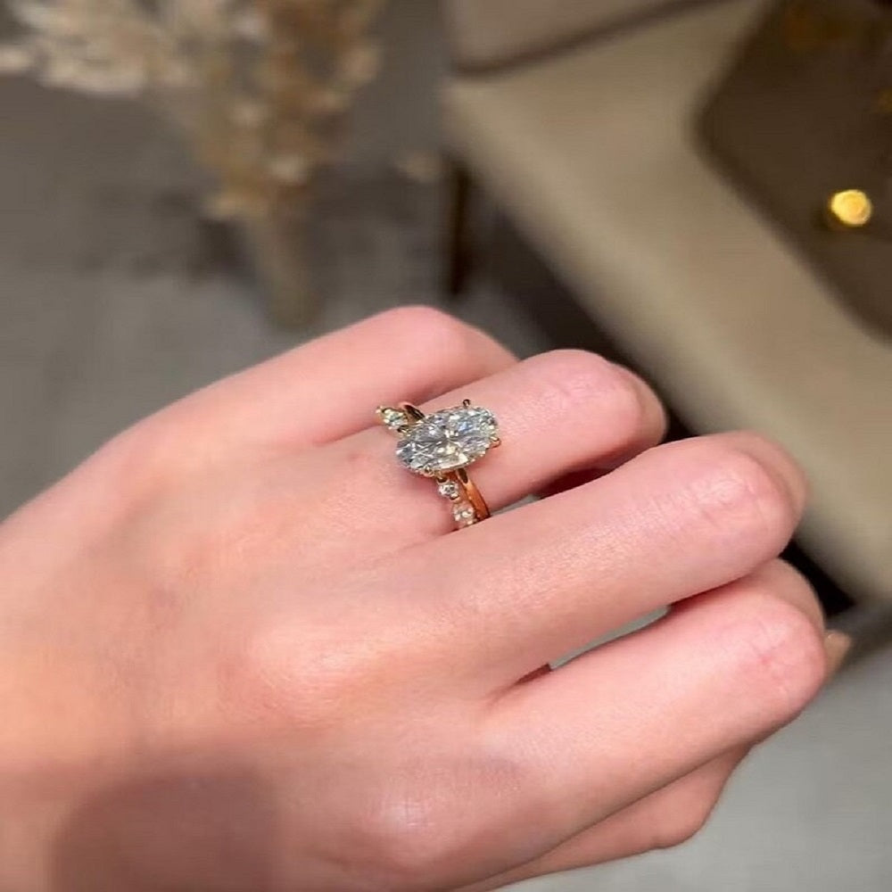 3.70 Ct Oval Moissanite Diamond Ring, Full Eternity marquise And Round Band, Oval Diamond Bridal Set Ring, Gift For Her