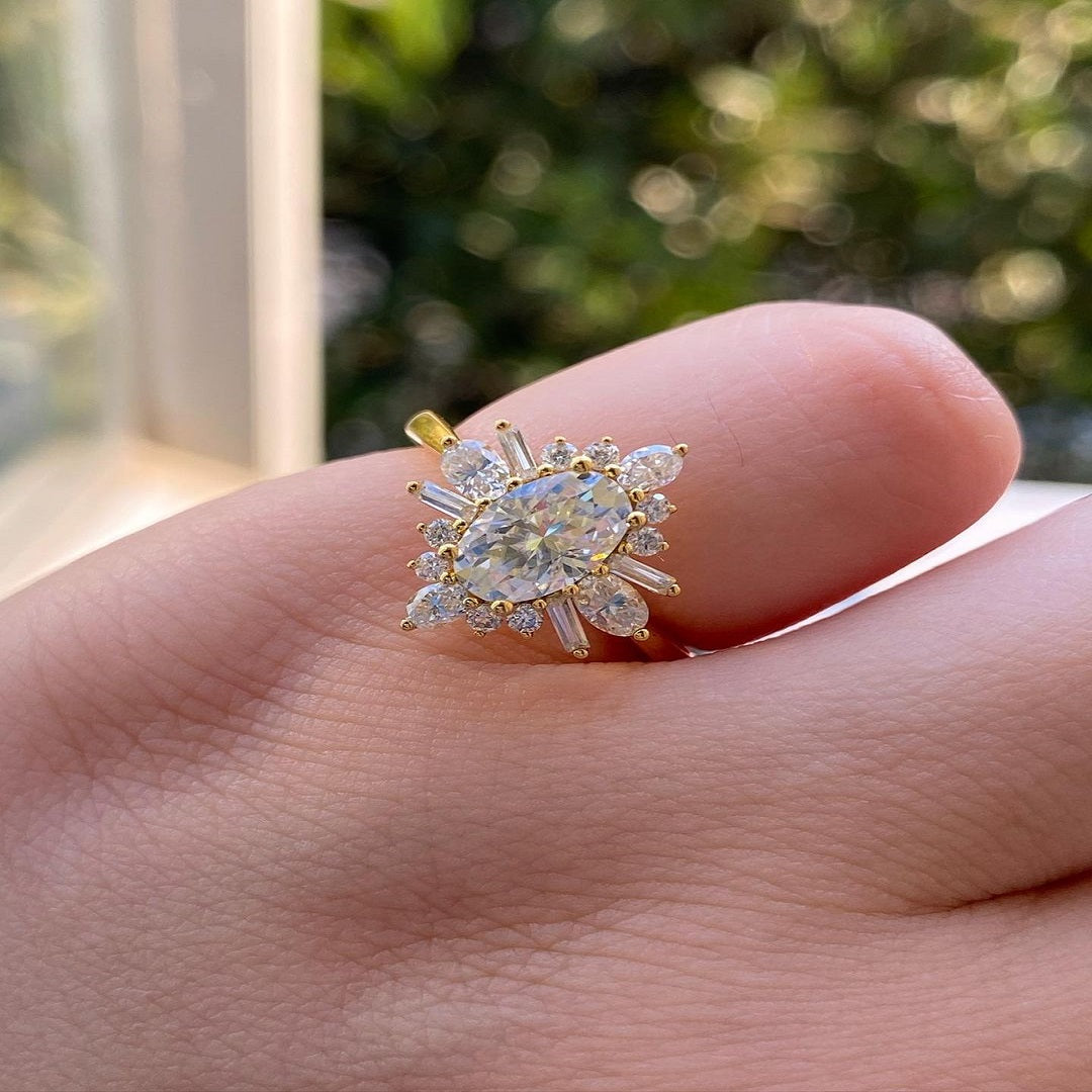 1.25 Ct oval Moissanite Ring, Flower Design Ring, Halo Setting Ring, Art Deco Ring, Oval Diamond Ring, Christmas Ring For Her