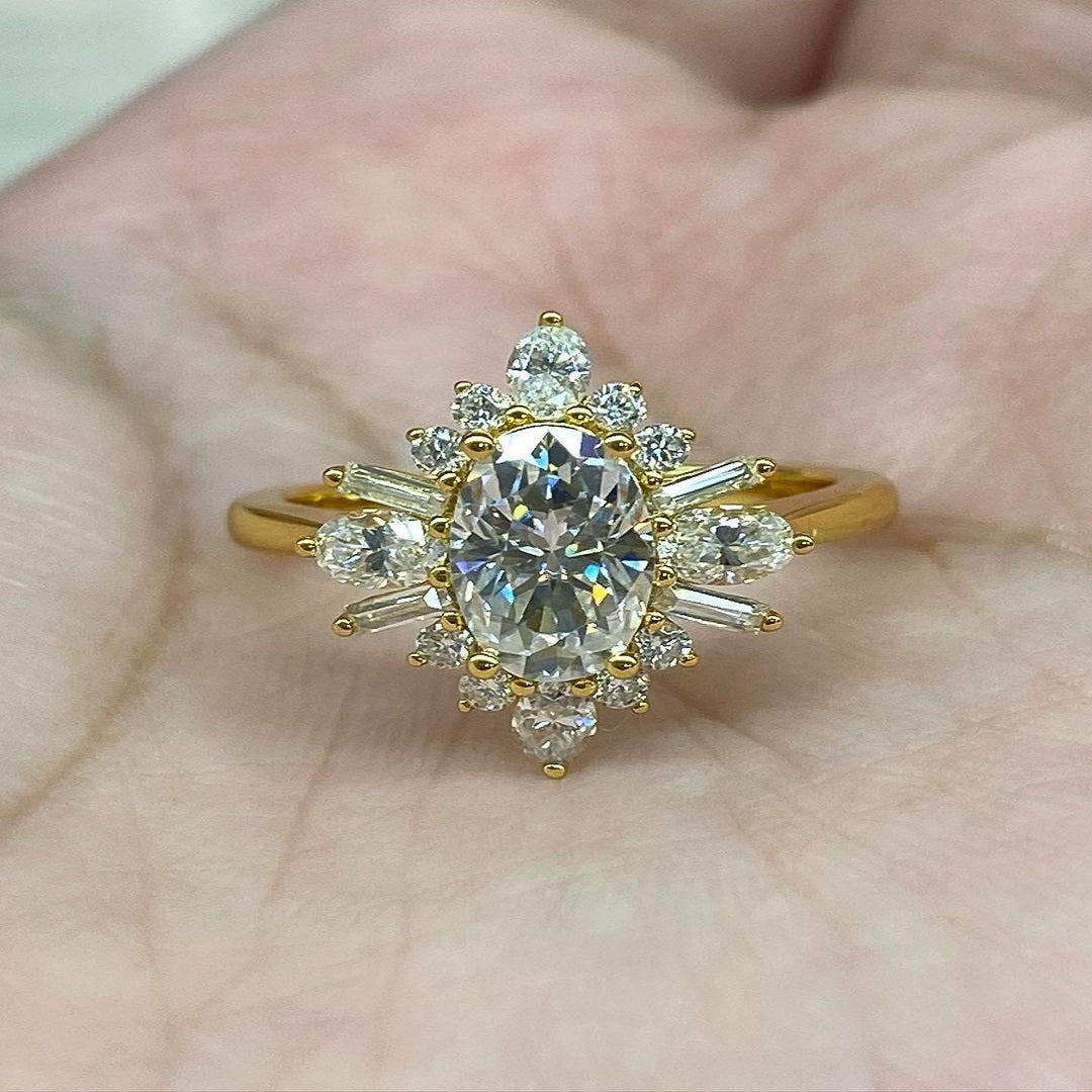 1.25 Ct oval Moissanite Ring, Flower Design Ring, Halo Setting Ring, Art Deco Ring, Oval Diamond Ring, Christmas Ring For Her
