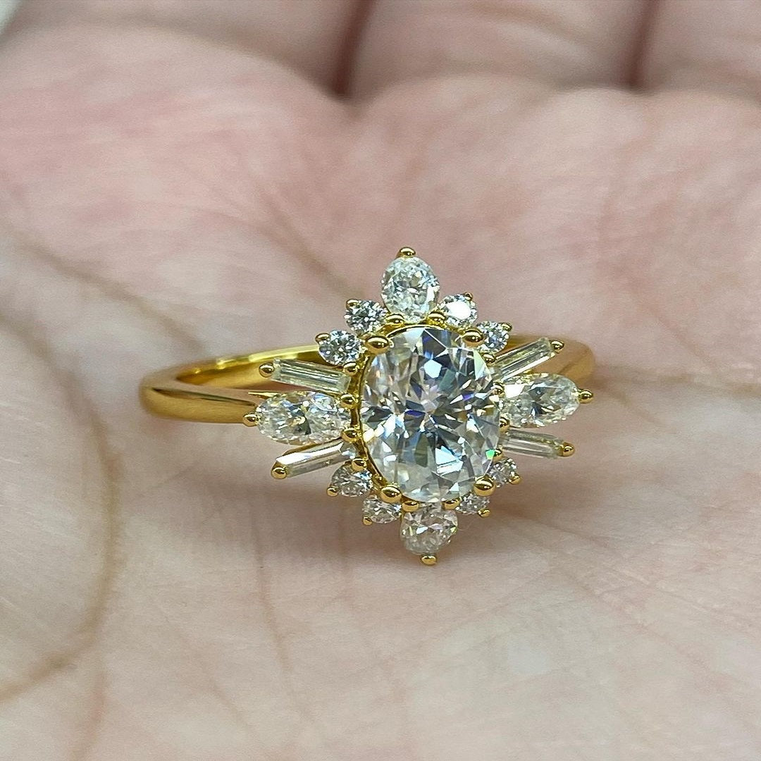 1.25 Ct oval Moissanite Ring, Flower Design Ring, Halo Setting Ring, Art Deco Ring, Oval Diamond Ring, Christmas Ring For Her