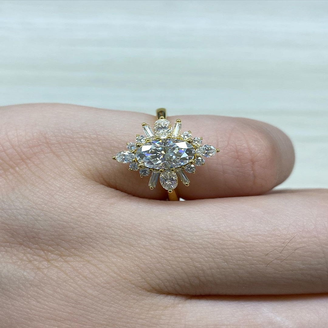 1.25 Ct oval Moissanite Ring, Flower Design Ring, Halo Setting Ring, Art Deco Ring, Oval Diamond Ring, Christmas Ring For Her