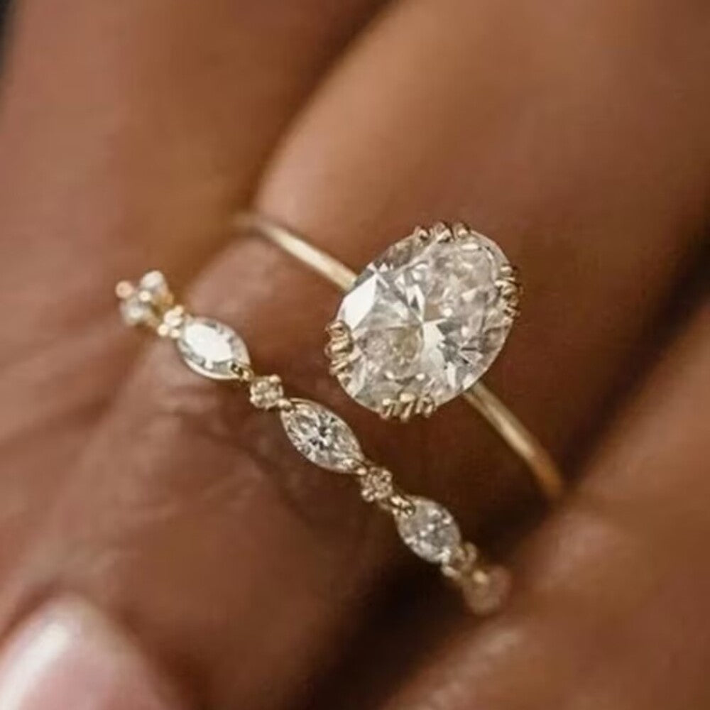 2 Ct Oval Moissanite Diamond Ring, Bridal Set Simple Diamond Ring, Full Eternity Wedding Band, Gift For Her