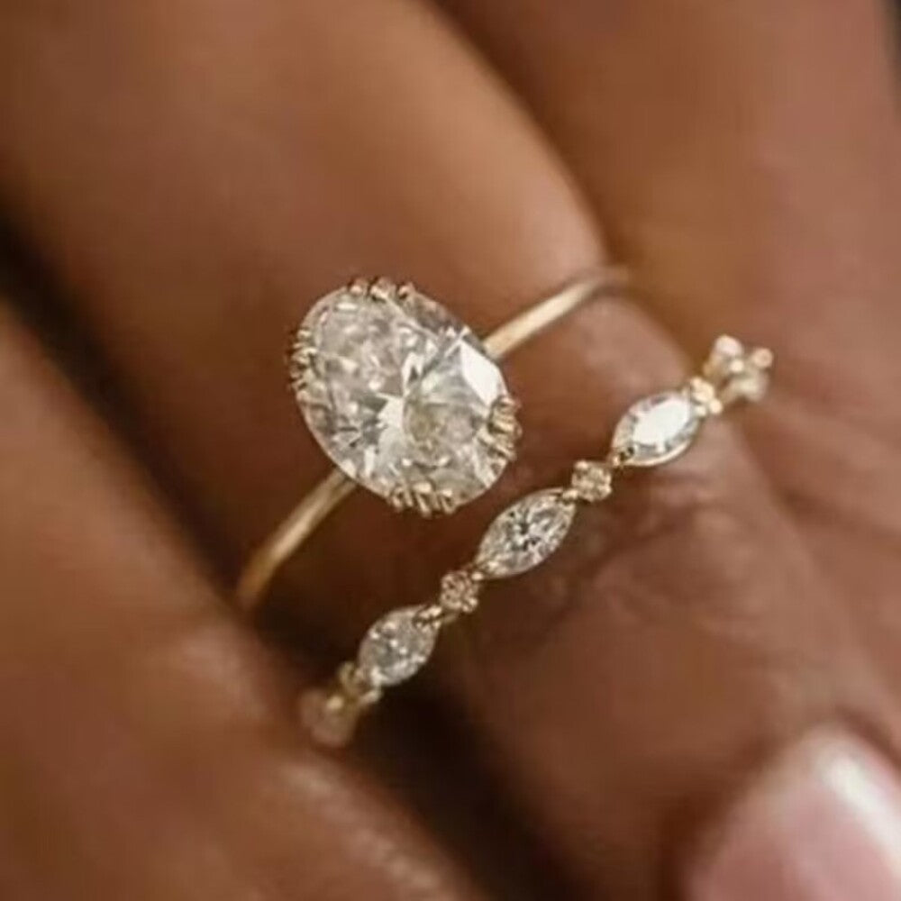 2 Ct Oval Moissanite Diamond Ring, Bridal Set Simple Diamond Ring, Full Eternity Wedding Band, Gift For Her