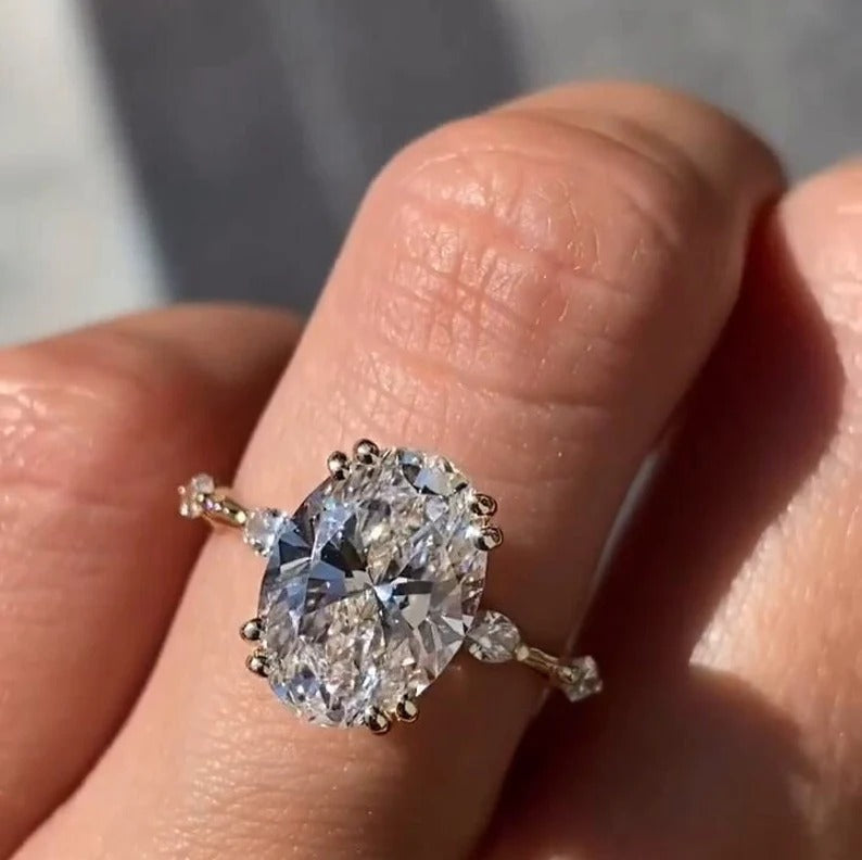 3.70 Ct Oval Moissanite Diamond Ring, Double Prong Setting Ring, Pave Setting Ring, Most Selling Ring