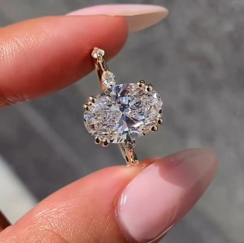 3.70 Ct Oval Moissanite Diamond Ring, Double Prong Setting Ring, Pave Setting Ring, Most Selling Ring