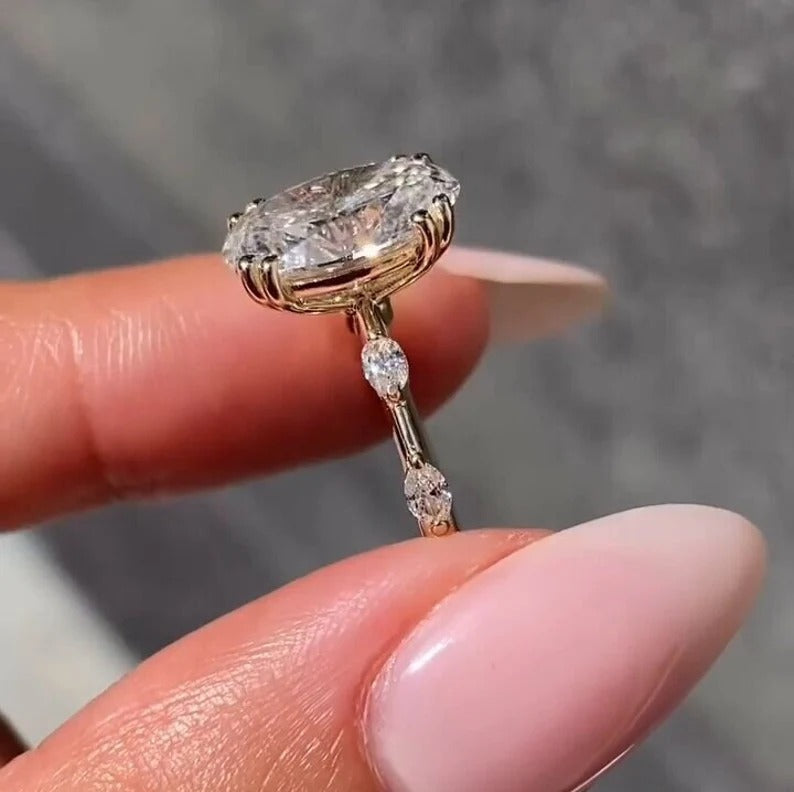 3.70 Ct Oval Moissanite Diamond Ring, Double Prong Setting Ring, Pave Setting Ring, Most Selling Ring