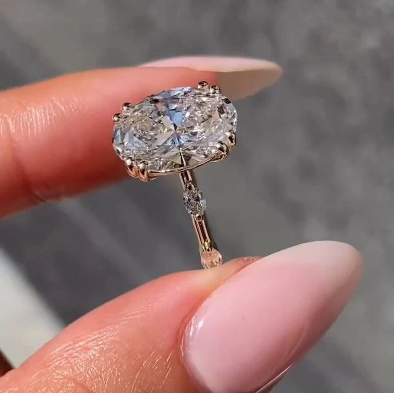 3.70 Ct Oval Moissanite Diamond Ring, Double Prong Setting Ring, Pave Setting Ring, Most Selling Ring