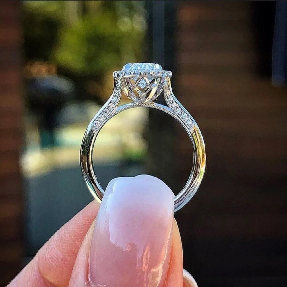2.50 Ct Moissanite Diamond Ring, Halo Setting Ring, Unique Art Deco Diamond Setting Ring, Engagement Ring, Anniversary Gift For Her
