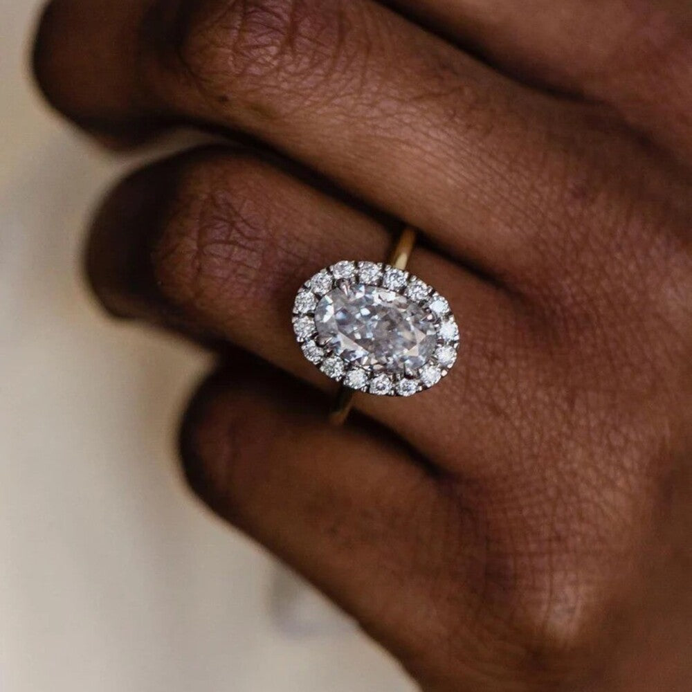 3 Ct Oval Moissanite Diamond Ring, Halo Setting Engagement Ring, Minimalist Ring, Unique Prong Setting Ring, Anniversary Gift For Her