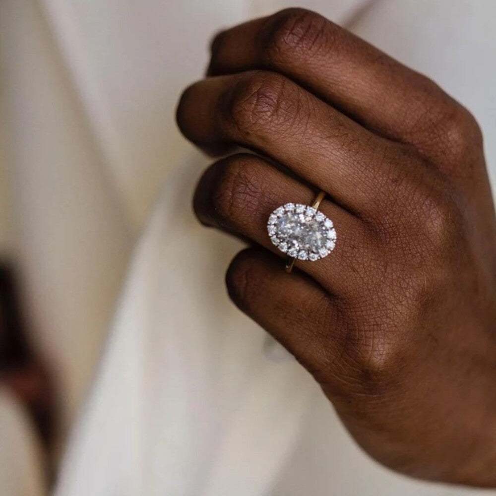 3 Ct Oval Moissanite Diamond Ring, Halo Setting Engagement Ring, Minimalist Ring, Unique Prong Setting Ring, Anniversary Gift For Her