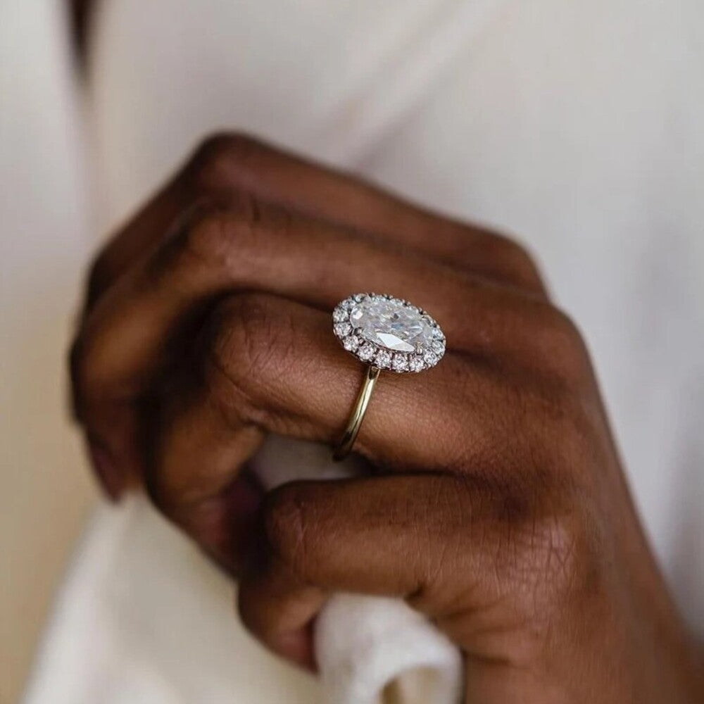 3 Ct Oval Moissanite Diamond Ring, Halo Setting Engagement Ring, Minimalist Ring, Unique Prong Setting Ring, Anniversary Gift For Her