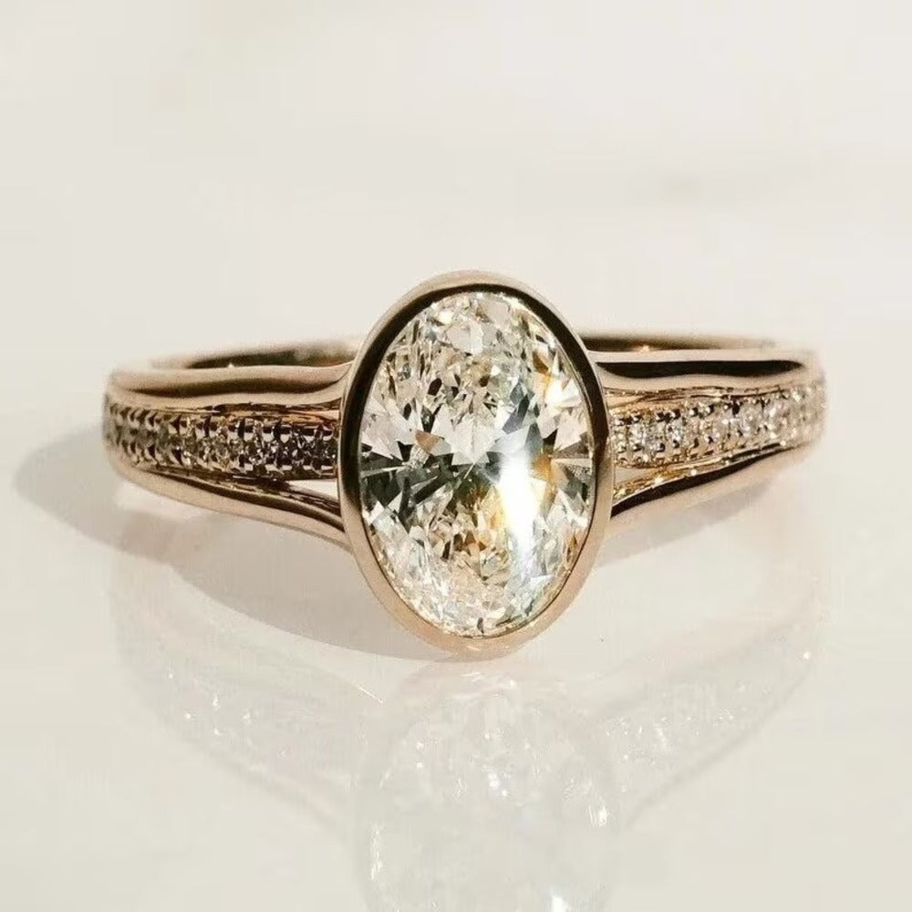 3 Ct Lab grown Diamond Ring, Bezel Setting Split Shank Wedding Ring, Unique Setting Ring, Gift For her