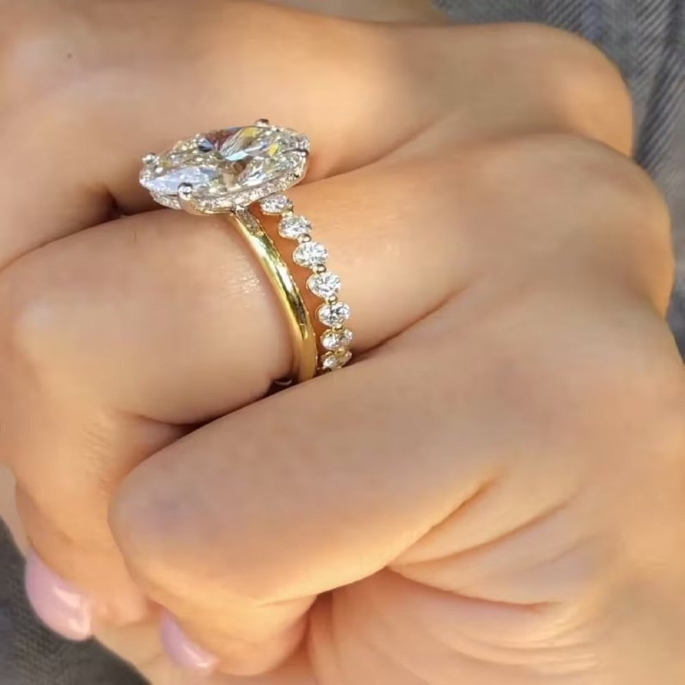 3.70 Ct Oval Moissanite Diamond Ring, Hidden halo Anniversary Ring, Bridal Set Ring, Wedding Ring, Gift For HerOval Diamond Bridal Set And Round Full Eternity Band