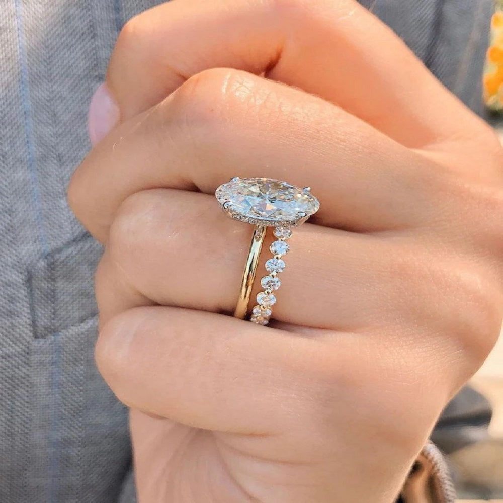 3.70 Ct Oval Moissanite Diamond Ring, Hidden halo Anniversary Ring, Bridal Set Ring, Wedding Ring, Gift For HerOval Diamond Bridal Set And Round Full Eternity Band