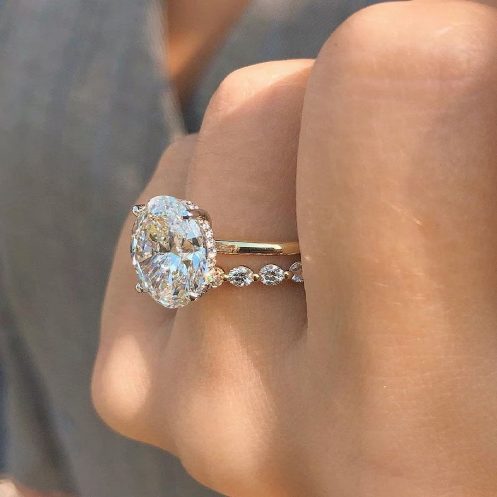 3.70 Ct Oval Moissanite Diamond Ring, Hidden halo Anniversary Ring, Bridal Set Ring, Wedding Ring, Gift For HerOval Diamond Bridal Set And Round Full Eternity Band