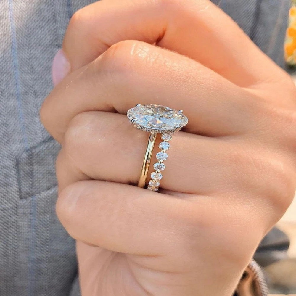 3.70 Ct Oval Moissanite Diamond Ring, Hidden halo Anniversary Ring, Bridal Set Ring, Wedding Ring, Gift For HerOval Diamond Bridal Set And Round Full Eternity Band