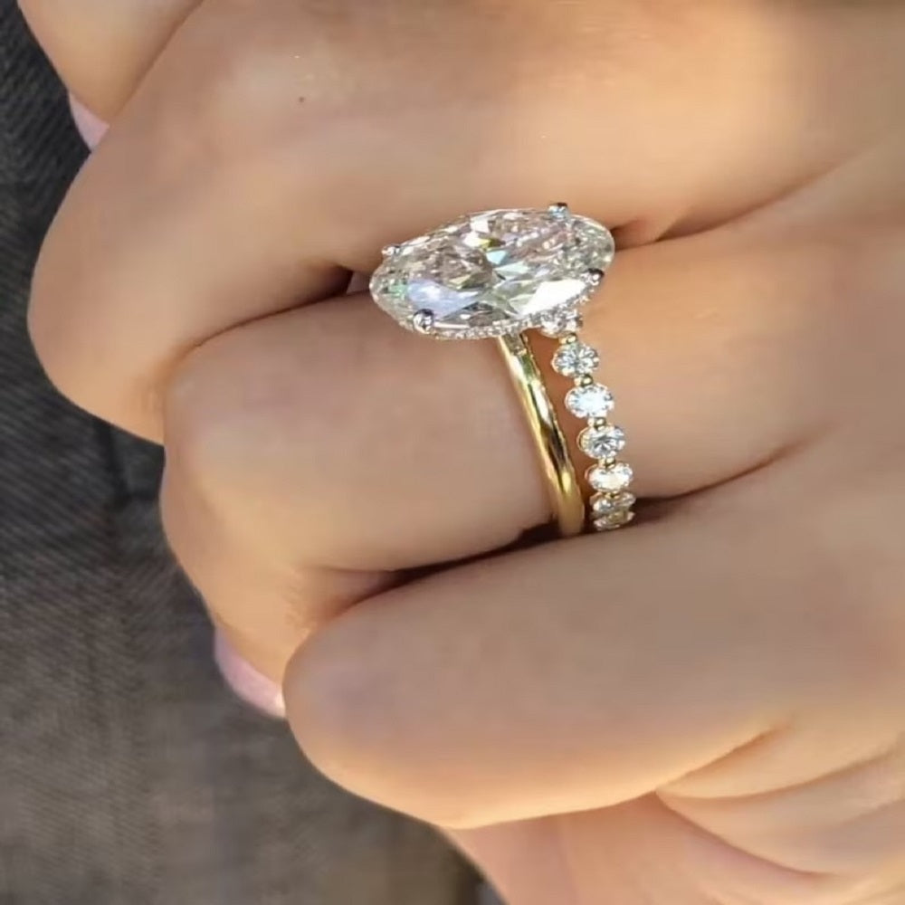 3.70 Ct Oval Moissanite Diamond Ring, Hidden halo Anniversary Ring, Bridal Set Ring, Wedding Ring, Gift For HerOval Diamond Bridal Set And Round Full Eternity Band