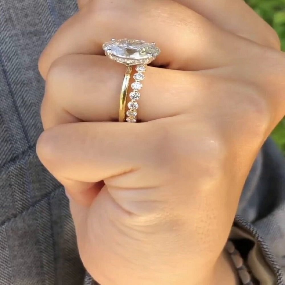 3.70 Ct Oval Moissanite Diamond Ring, Hidden halo Anniversary Ring, Bridal Set Ring, Wedding Ring, Gift For HerOval Diamond Bridal Set And Round Full Eternity Band