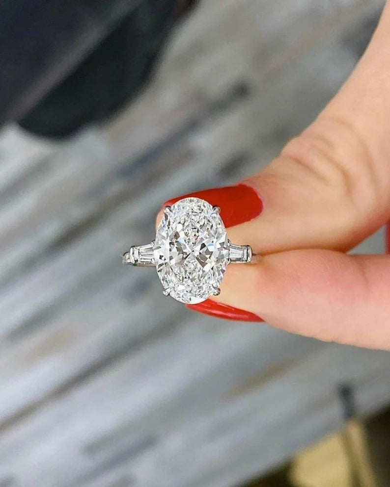 3.70  Ct Oval Moissanite Diamond ring, Oval Three Stone Ring, Tapper Baguette Said Diamond Ring, Engagement Ring, Anniversary Gift For Her