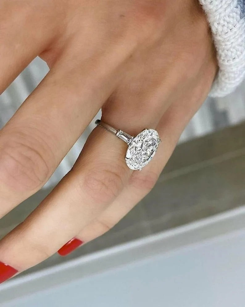 3.70  Ct Oval Moissanite Diamond ring, Oval Three Stone Ring, Tapper Baguette Said Diamond Ring, Engagement Ring, Anniversary Gift For Her
