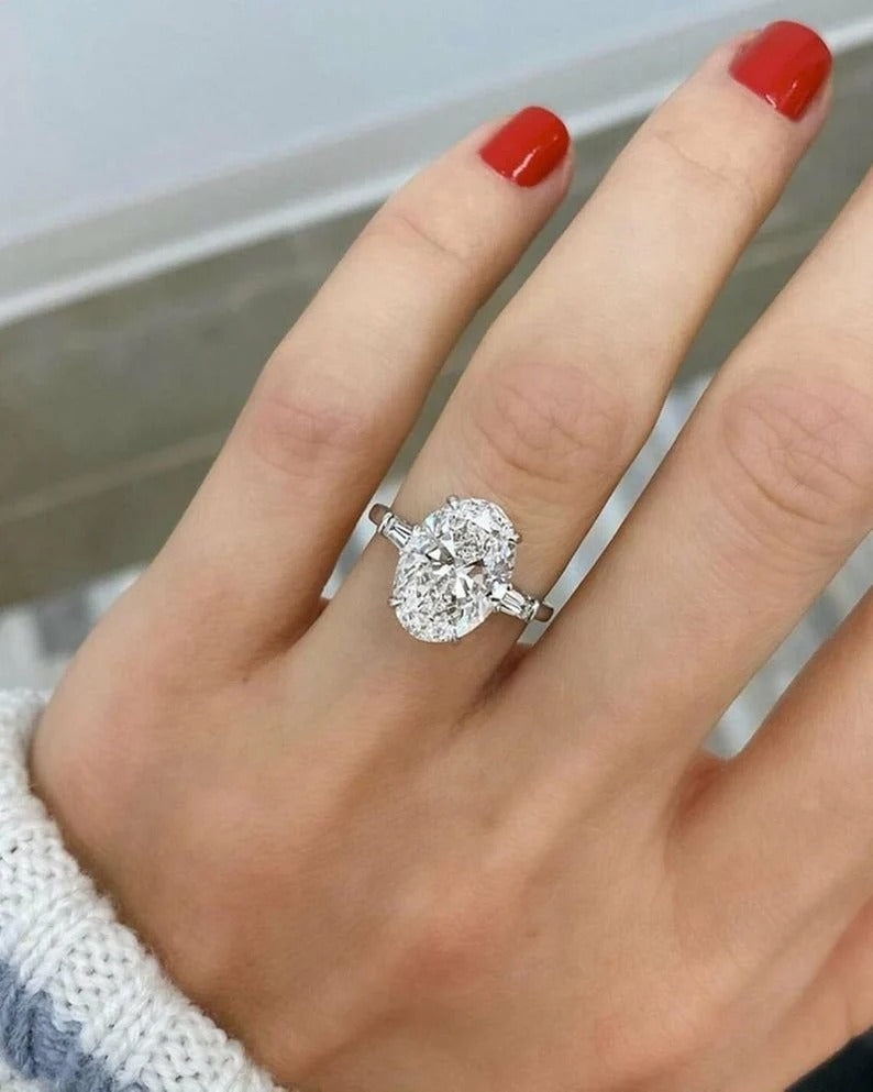 3.70  Ct Oval Moissanite Diamond ring, Oval Three Stone Ring, Tapper Baguette Said Diamond Ring, Engagement Ring, Anniversary Gift For Her