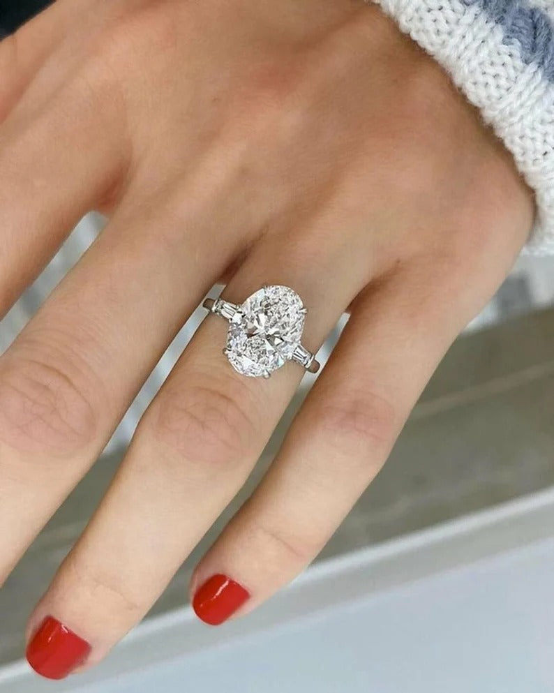 3.70  Ct Oval Moissanite Diamond ring, Oval Three Stone Ring, Tapper Baguette Said Diamond Ring, Engagement Ring, Anniversary Gift For Her