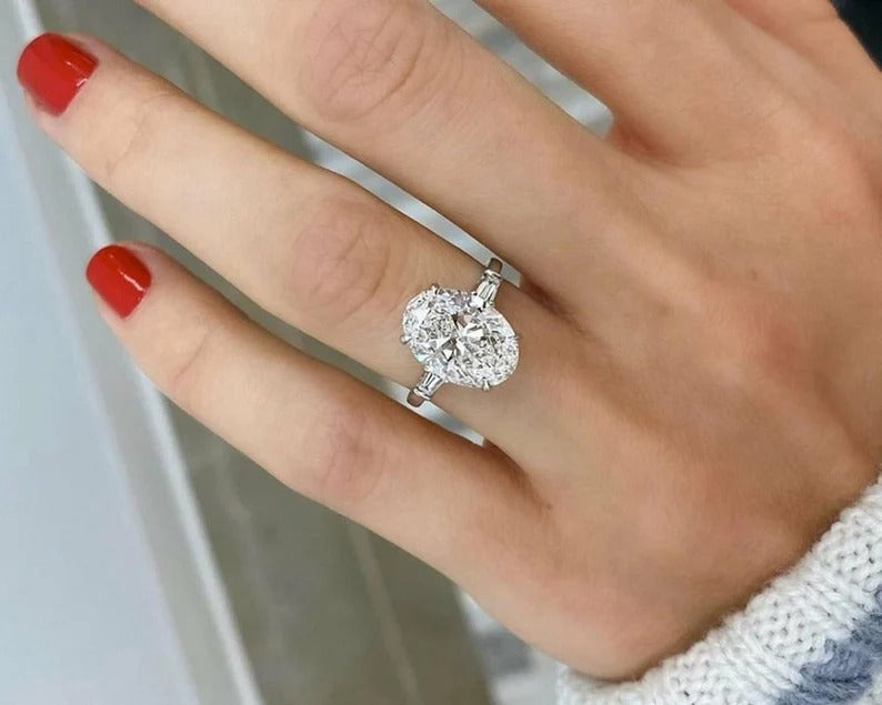 3.70  Ct Oval Moissanite Diamond ring, Oval Three Stone Ring, Tapper Baguette Said Diamond Ring, Engagement Ring, Anniversary Gift For Her