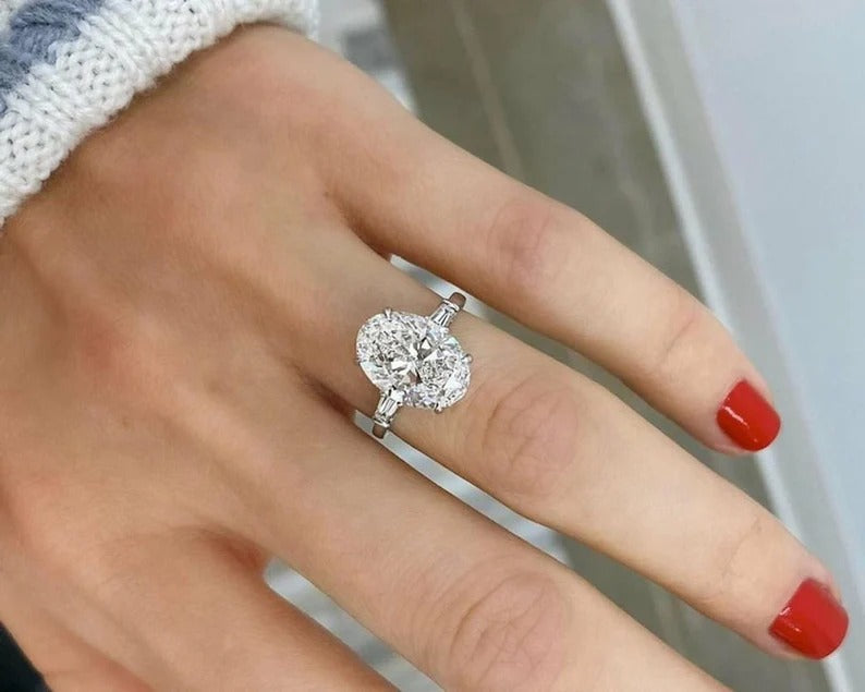 3.70  Ct Oval Moissanite Diamond ring, Oval Three Stone Ring, Tapper Baguette Said Diamond Ring, Engagement Ring, Anniversary Gift For Her